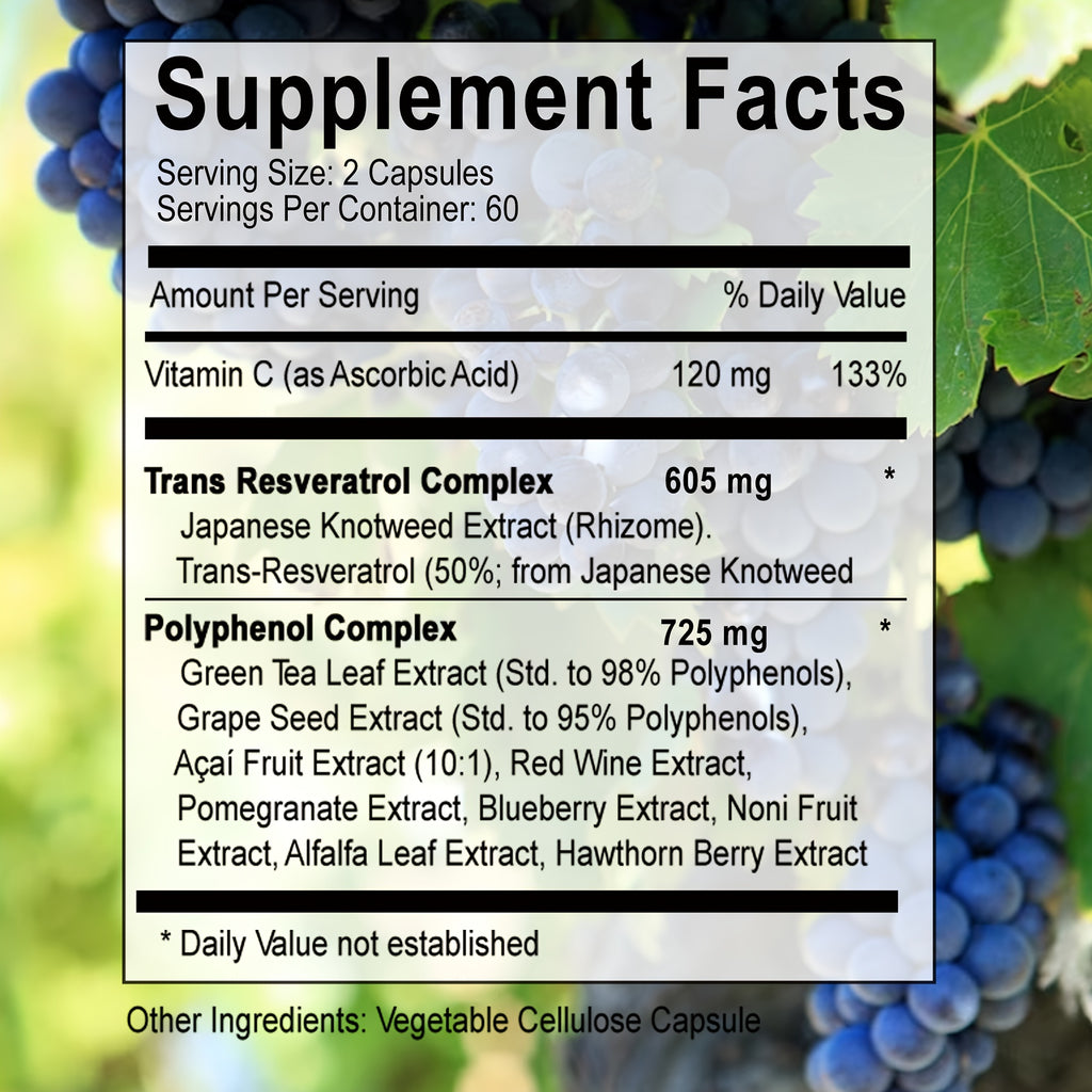 Trans Resveratrol - With Vitamin C, Green Tea, Grape Seeds - Anti-Aging, Antioxidants, For Immune Support - 120pcs