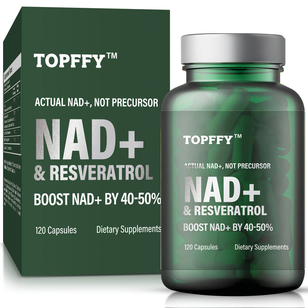 TOPFFY NAD+ & Resveratrol Boost Supplement, 120 Softgels - Hypoallergenic Formula for Energy & Longevity, 40-50% Higher Absorption Rate, Non-Prescription, 3-Year Shelf Life