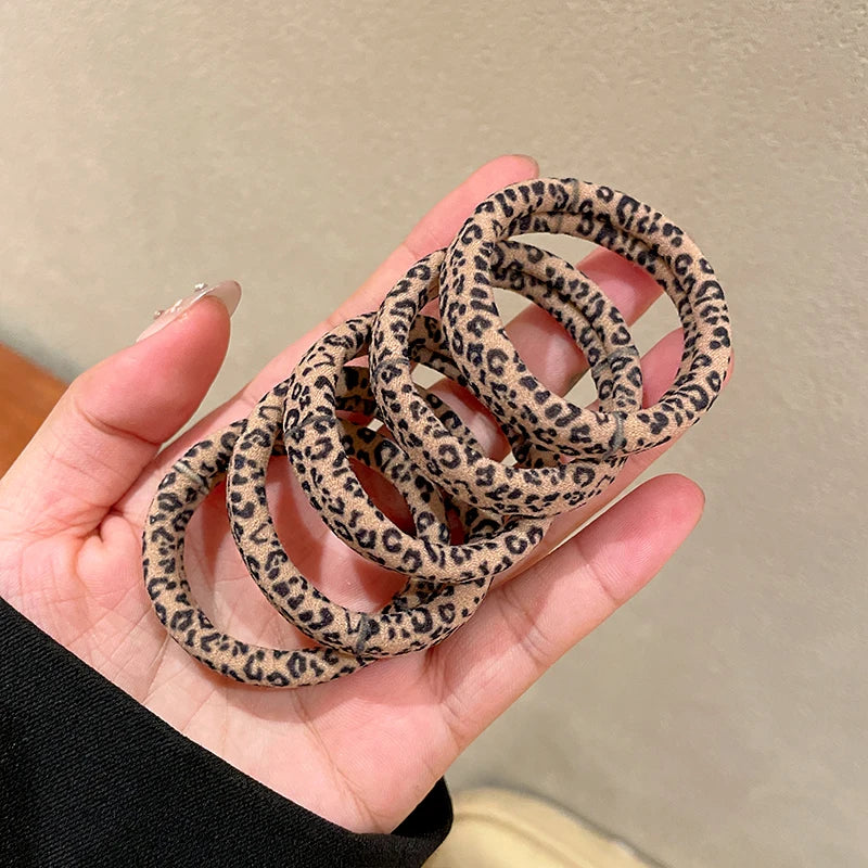 Leopard Print Hair Scrunchies 5-Pack - High Elastic Ponytail Holders for Women & Girls