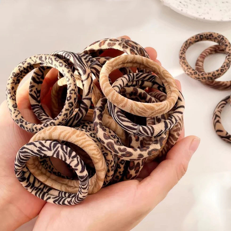 Leopard Print Hair Scrunchies 5-Pack - High Elastic Ponytail Holders for Women & Girls