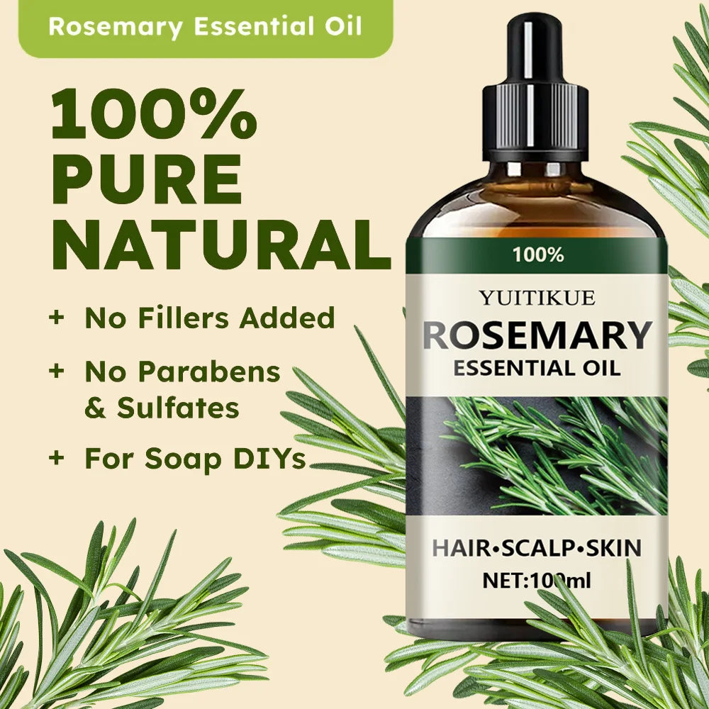 Rosemary essential oil, promotes hair growth, revitalizes and strengthens, scalp care, making hair thicker and stronger