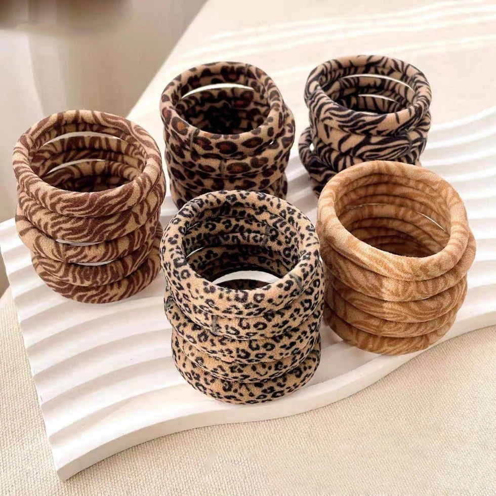Leopard Print Hair Scrunchies 5-Pack - High Elastic Ponytail Holders for Women & Girls