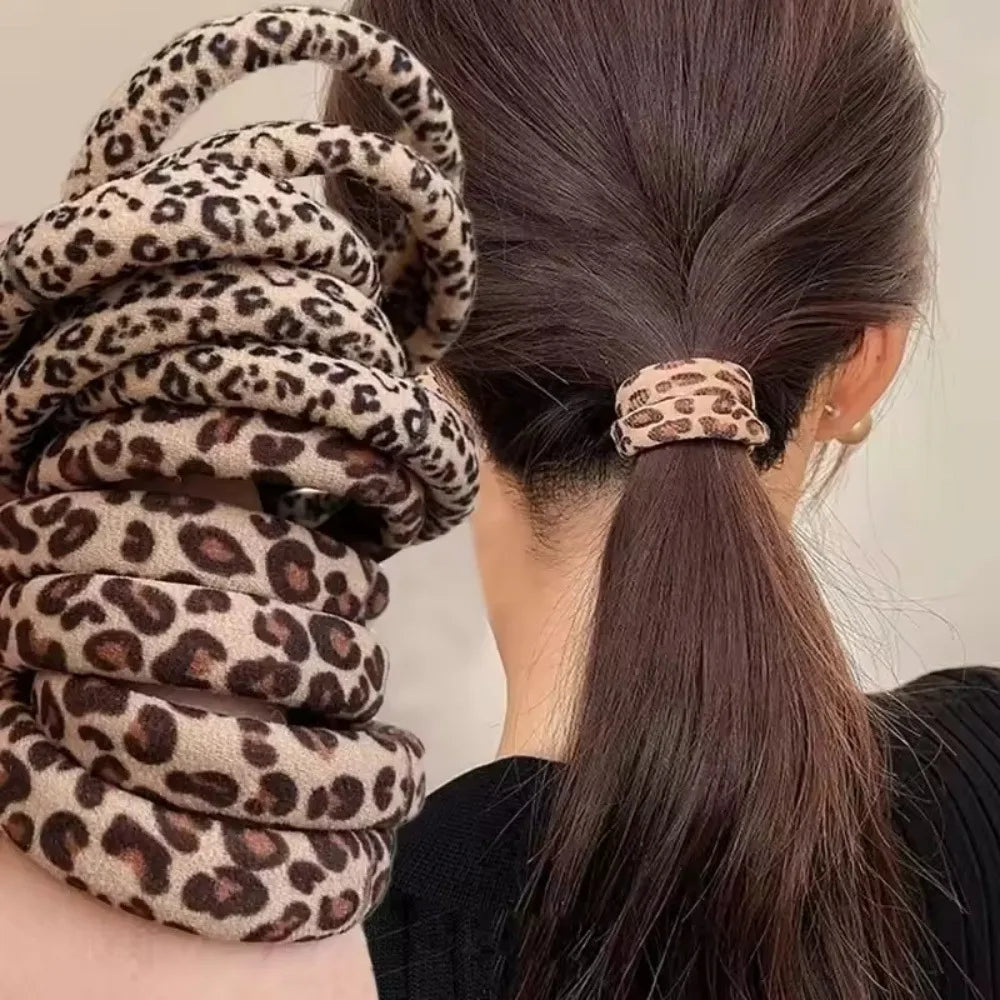 Leopard Print Hair Scrunchies 5-Pack - High Elastic Ponytail Holders for Women & Girls