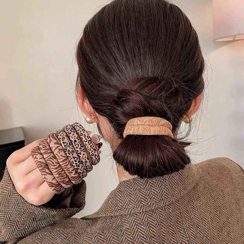 Leopard Print Hair Scrunchies 5-Pack - High Elastic Ponytail Holders for Women & Girls
