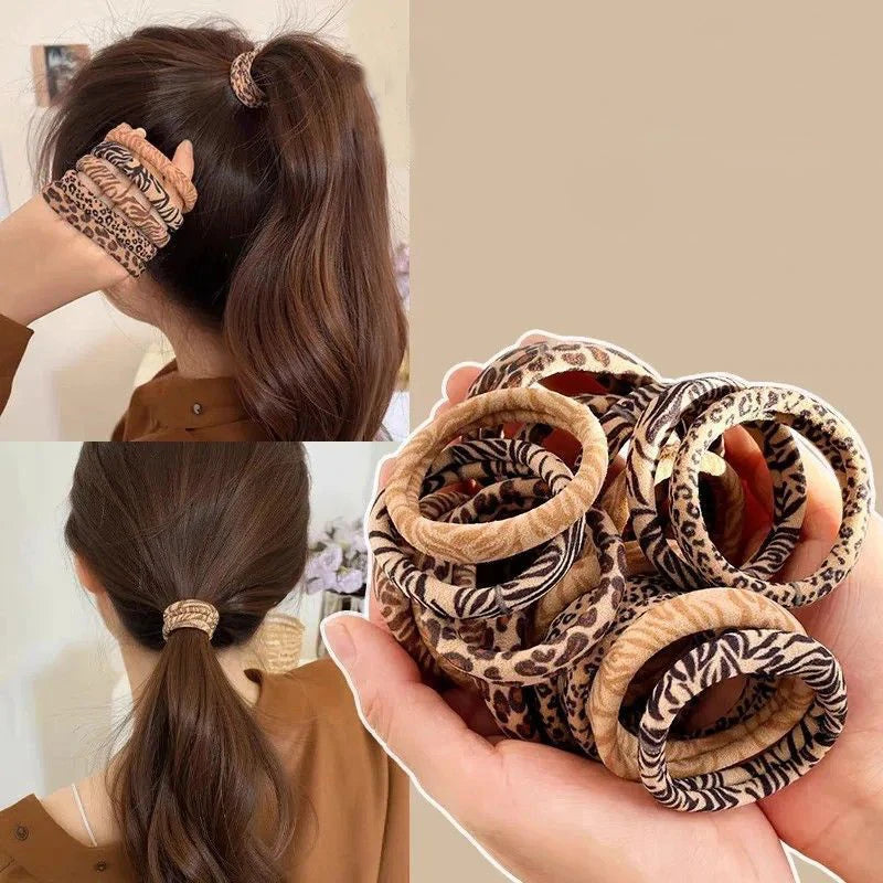 Leopard Print Hair Scrunchies 5-Pack - High Elastic Ponytail Holders for Women & Girls