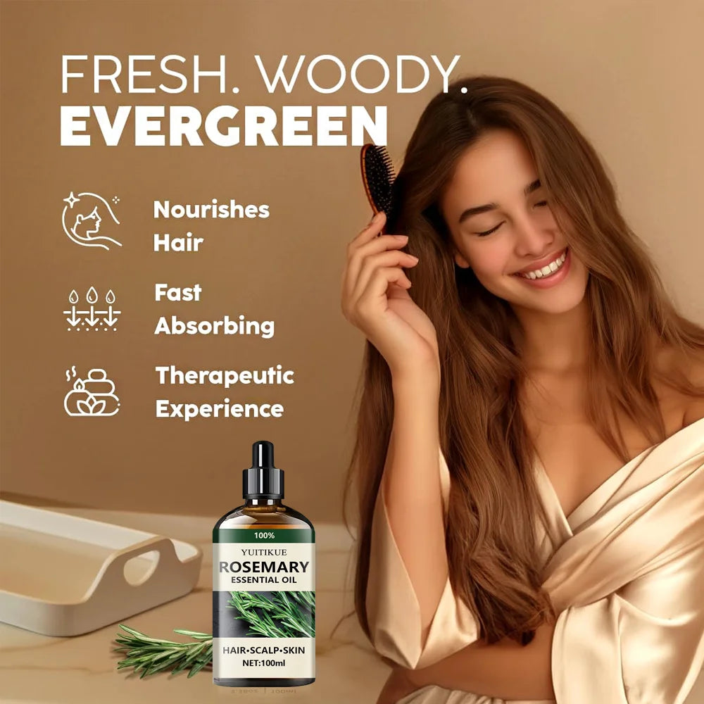 Rosemary essential oil, promotes hair growth, revitalizes and strengthens, scalp care, making hair thicker and stronger