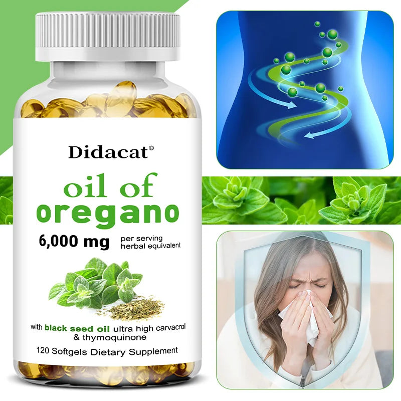 Oregano Oil Softgels Capsules - Contains Black Seed Oil, Promotes Digestion & Intestinal Health, Antioxidant, Improve Immunity H