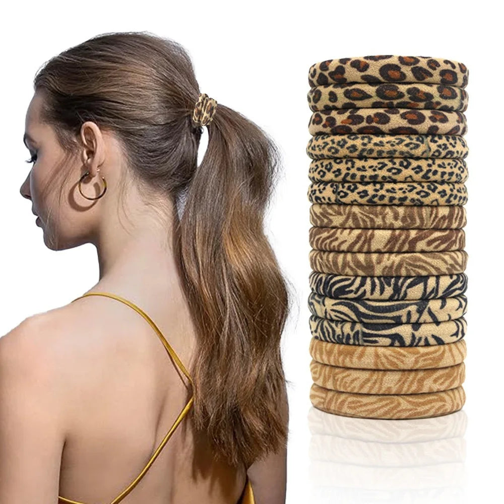 Leopard Print Hair Scrunchies 5-Pack - High Elastic Ponytail Holders for Women & Girls
