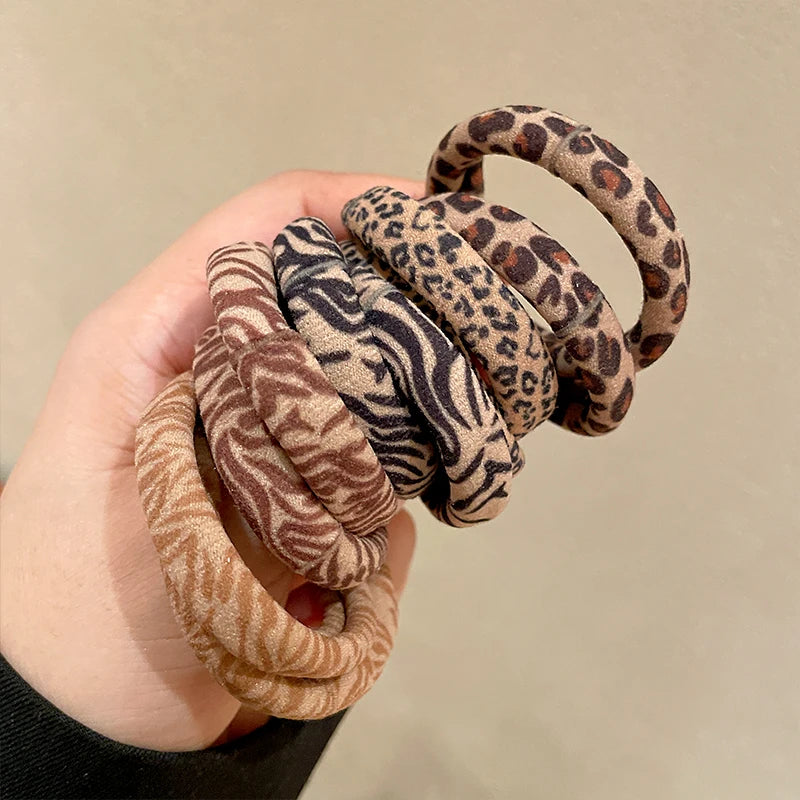 Leopard Print Hair Scrunchies 5-Pack - High Elastic Ponytail Holders for Women & Girls