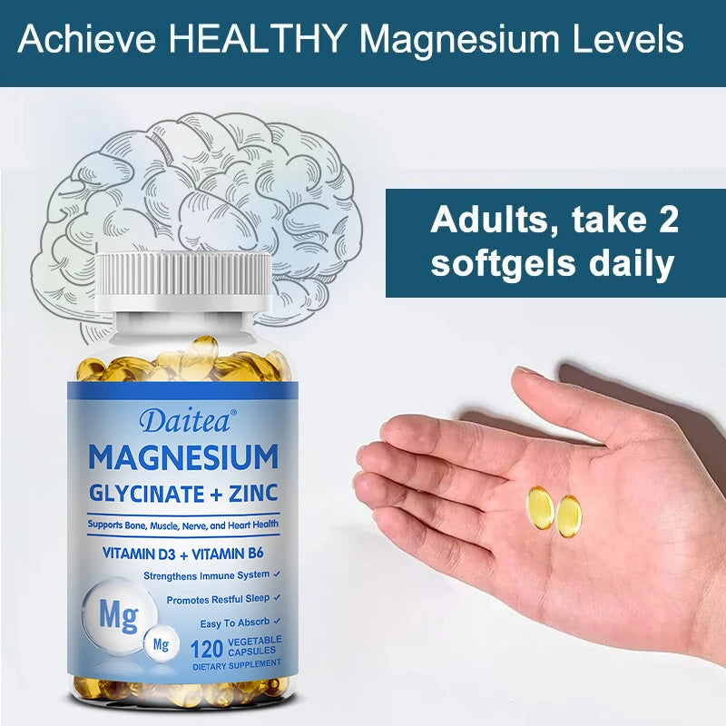 Magnesium Glycinate 500mg Capsules High Absorption with Zinc,Vitamin D3 B6 Supports Bone, Muscle, Nerve, and Heart Health