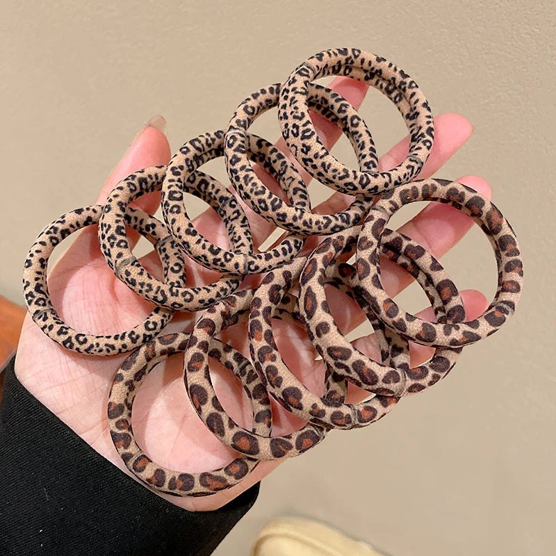 Leopard Print Hair Scrunchies 5-Pack - High Elastic Ponytail Holders for Women & Girls